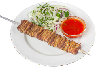 Grilled Liver Skewer with Fresh Onion Salad and Spicy Sauce on a White Plate isolated