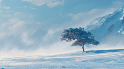 Tilted Wide-Angle Aerial View of a Lone Winter Tree in Snow on Transparent Background