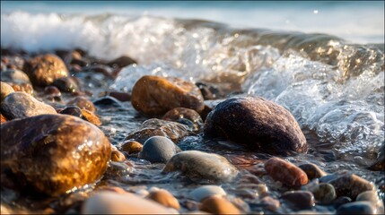 Obraz premium Gentle waves wash over smooth, wet stones on a sandy shore.