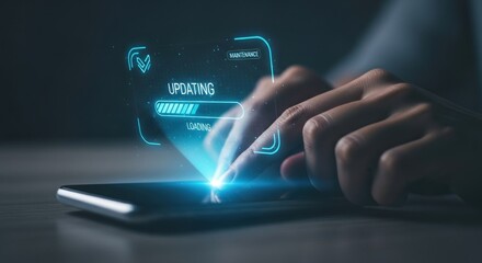 with holographic data analytics charts and hexagonal digital UI elements, futuristic workplace, glowing blue tech design