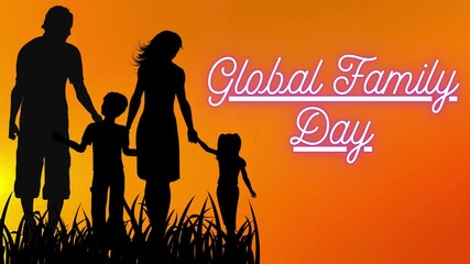 Happy Global Family Day Celebration – Silhouette Family Holding Hands at Sunset with Warm Orange Sky and Text Animation