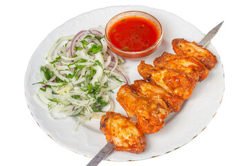 Grilled Chicken Wings Skewer with Fresh Onion Salad and Dipping Sauce Isolated Image
