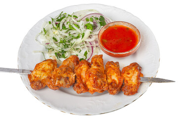 Grilled Chicken Wings Skewer with Fresh Onion Salad and Dipping Sauce Isolated Image