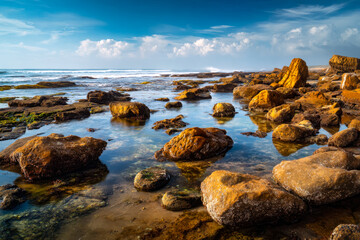Rocky shoreline with tide pools under a bright blue sky