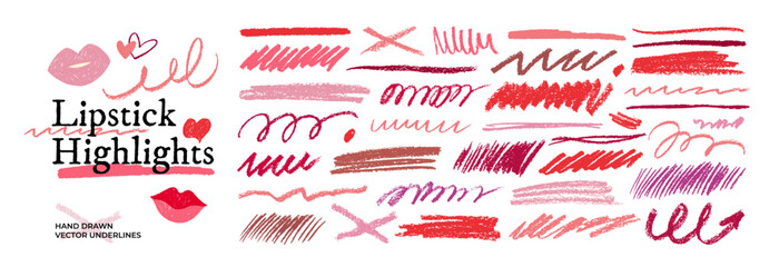 Lipstick highlighter strokes and underlines to emphasize text or beauty design. Red and pink colored pencil or crayon sketchy lines, strokes, smear and strikethroughs. Straight scribble vector set.