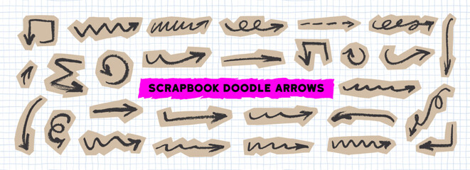 Crayon drawn squiggly arrows scrapbook collection. Hand drawn vector spiral, straight, curved and wavy arrows. Doodle marker drawing with torn paper edges. Sketch pencil texture line scribble icons.