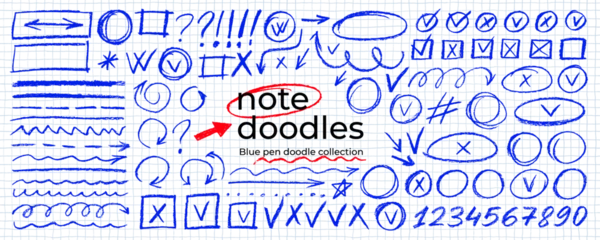 Fototapete Superhelden Hand drawn blue highlights, underlines and emphasis crayon elements. Blue pen check marks, ovals and school notebook vector shapes for hand drawn notes. Checkered paper sheet.  © Anastasiia Hevko