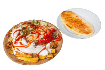 Loaded Doner Kebab Plate with French Fries and Grilled Pita Bread Isolated Image