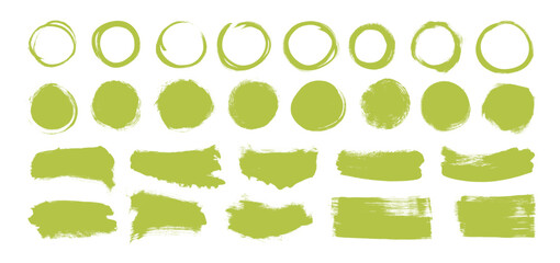 Various organic brush tags, green eco labels and paint stamp for nature-inspired badge or logo design. Perfect for farm food banners or vegan product stickers. Green brush strokes and circle smears.