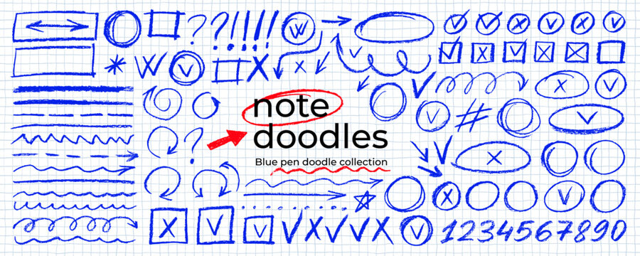 Hand drawn blue highlights, underlines and emphasis crayon elements. Blue pen check marks, ovals and school notebook vector shapes for hand drawn notes. Checkered paper sheet.