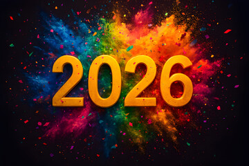Vibrant Color Explosion Happy New Year 2026 &ndash; Multicolor Confetti and Powder Burst Celebration Art