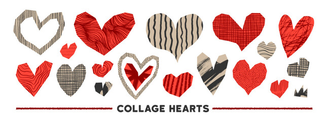 Collage cutout scrapbook hearts collection with crayon drawn scribbles and patterns. Hand drawn romantic design elements for collages. Notebook funky scrapbook heart stickers. Vector love shapes.