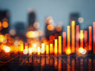 Glowing digital bar chart with vibrant orange and yellow lights overlaying a blurred cityscape, symbolizing financial growth and urban innovation at dusk