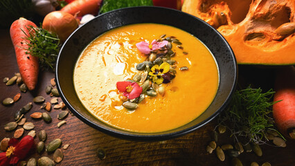 Pumpkin cream soup with fresh ingredients
