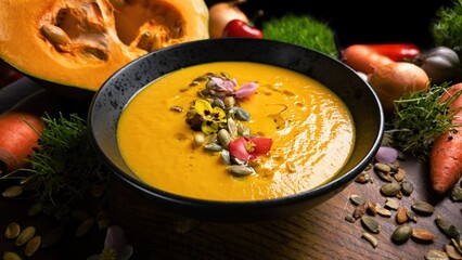 Pumpkin cream soup with fresh ingredients