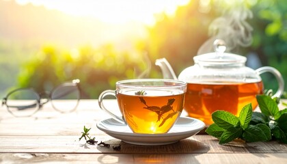 A warm cup of freshly brewed herbal tea on a wooden table, surrounded by mint leaves and a transparent teapot releasing gentle steam.