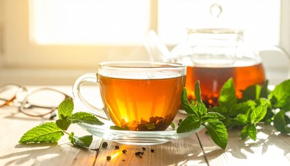 A warm cup of freshly brewed herbal tea on a wooden table, surrounded by mint leaves and a transparent teapot releasing gentle steam.