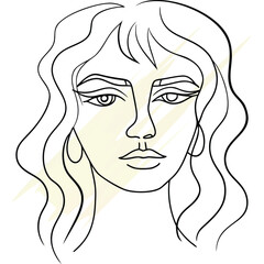 Abstract continuous line drawing a woman's face with wavy hair pale yellow accents vector