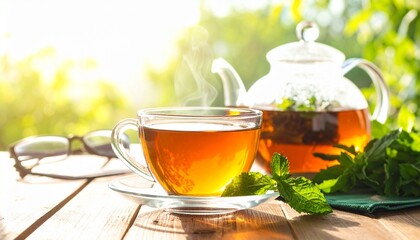 A warm cup of freshly brewed herbal tea on a wooden table, surrounded by mint leaves and a transparent teapot releasing gentle steam.