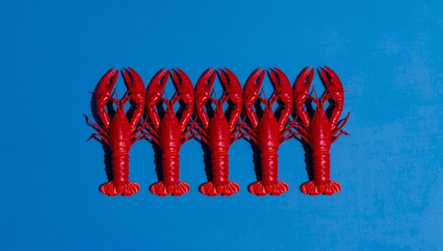 Five red crawfish arranged in a row on a blue background