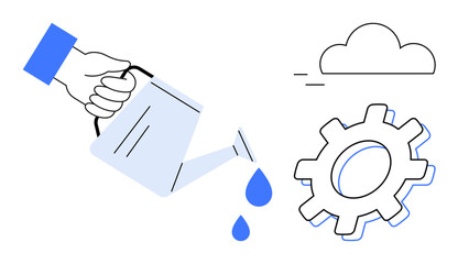Hand pouring water onto gear icon with cloud in background representing growth, innovation, and development. Ideal for business, teamwork, productivity, sustainability, technology, strategy