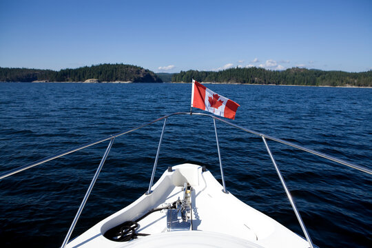 Beautiful view from the bow of a boat in Desolation Sound British Columbia coastal waters