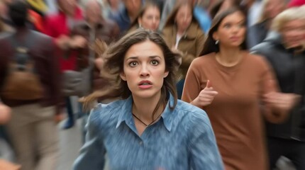 Blonde young woman running away in panic. 