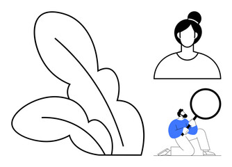 Large plant leaves, female silhouette with bun hairstyle, man crouching with magnifying glass. Ideal for research, analysis, nature, growth, discovery investigation sustainability. Simple flat