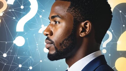 Contemplative Portrait of a Man Amidst Question Marks and Network Graphics - Powered by Adobe
