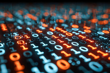 Close-up of glowing binary code in red and blue representing digital data streams and futuristic computer technology on a dark circuit board background