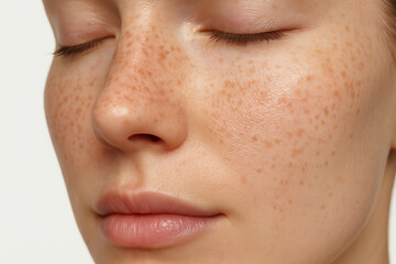 Obraz premium Close-up of a freckled nose on a peaceful face with closed eyes. concept of natural beauty, skin care, tranquility