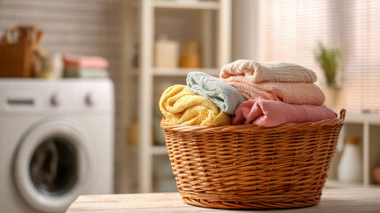 A wicker basket filled with neatly folded pastel-colored towels placed on a wooden surface in a bright and cozy laundry room setting with a washing machine in the backgro