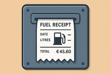 Fuel receipt illustration showing euro currency with litres and total amount concepts of financial transaction, fuel consumption, business expense, receipt detail