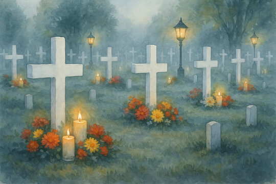 Watercolor cemetery scene with crosses, candles, and flowers at night during halloween. concept of remembrance, tranquility, all saints day atmosphere