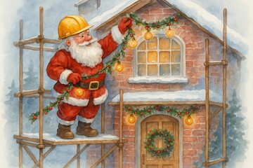 Santa claus in construction gear decorating house with festive lights on scaffolding before christmas. concept of holiday spirit, home decor, festive celebration