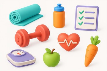 Fototapeta premium Fitness and wellness set with yoga mat, dumbbell, heart, carrot, water bottle, apple, and scale illustration. concept of healthy lifestyle, exercise, nutrition, SET