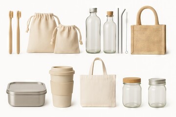 Eco-friendly zero waste items featuring reusable bags, glass bottles, bamboo toothbrushes, and sustainable containers for green living, SET