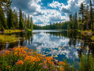 Serene lake surrounded by lush evergreen trees and vibrant wildflowers under a dramatic cloudy sky reflecting peacefully on the calm water surface
