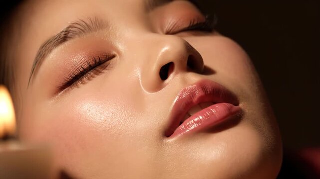 Closeup of a womans face with eyes closed, bathed in warm light, highlighting her smooth skin, makeup, and glossy lips vector illustration