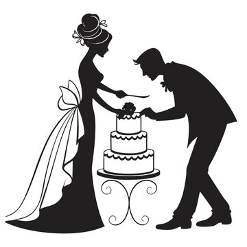 Newlyweds cutting cake silhouette