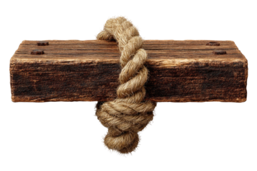 Thick, knotted rope wrapped around a rough, weathered wooden beam