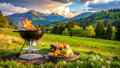 A grill with food cooking amid rolling green hills and mountains