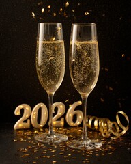 Two champagne glasses with 2026 golden text on dark background, editorial celebration composition highlighting New Year festivities, luxury lifestyle, and the elegance of modern holiday culture