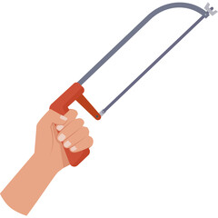 Hand holding a hacksaw with orange handle and silver blade against a white background studio shot illustration