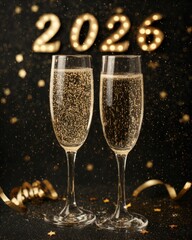 Champagne glasses filled with golden liquid and 2026 text, festive editorial photography highlighting new year celebration, luxury lifestyle, and the joyful charm of elegant event culture