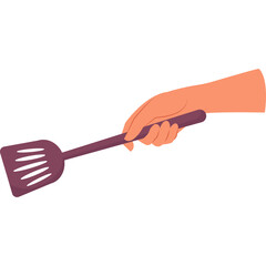 Hand Holding Spatula Kitchen Utensil for Cooking and Flipping Food on Transparent Background