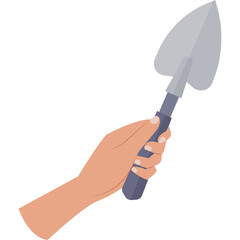 Human Hand Holding a Gardening Trowel With a Gray Metal Blade and Blue Handle Against a Clean White Background
