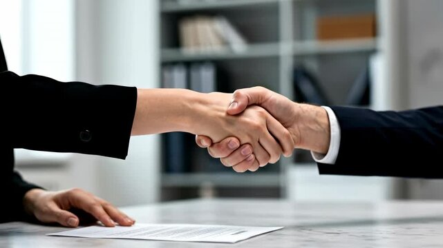 Primer plano de un apret&oacute;n de manos entre un hombre y una mujer de negocios. Trato beneficioso. Asociaci&oacute;n empresarial. Fusi&oacute;n de corporaciones.