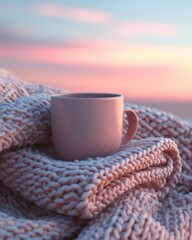 Pink cup and cozy blanket by the window under warm morning light, editorial lifestyle composition highlighting relaxation, comfort, and the peaceful culture of cozy mornings