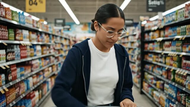 A young woman with glasses in a supermarket aisle, carefully examining a small white bottle of medication or supplement she is holding vector illustration